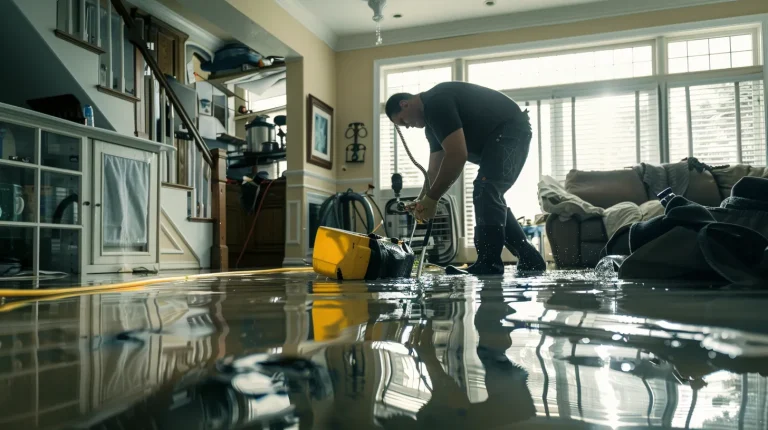 a water damage restoration specialist, equipped with professional-grade equipment, diligently works in a flooded room, illustrating their expertise and compassion as they assess the situation and begin the restoration process in a well-lit environment.